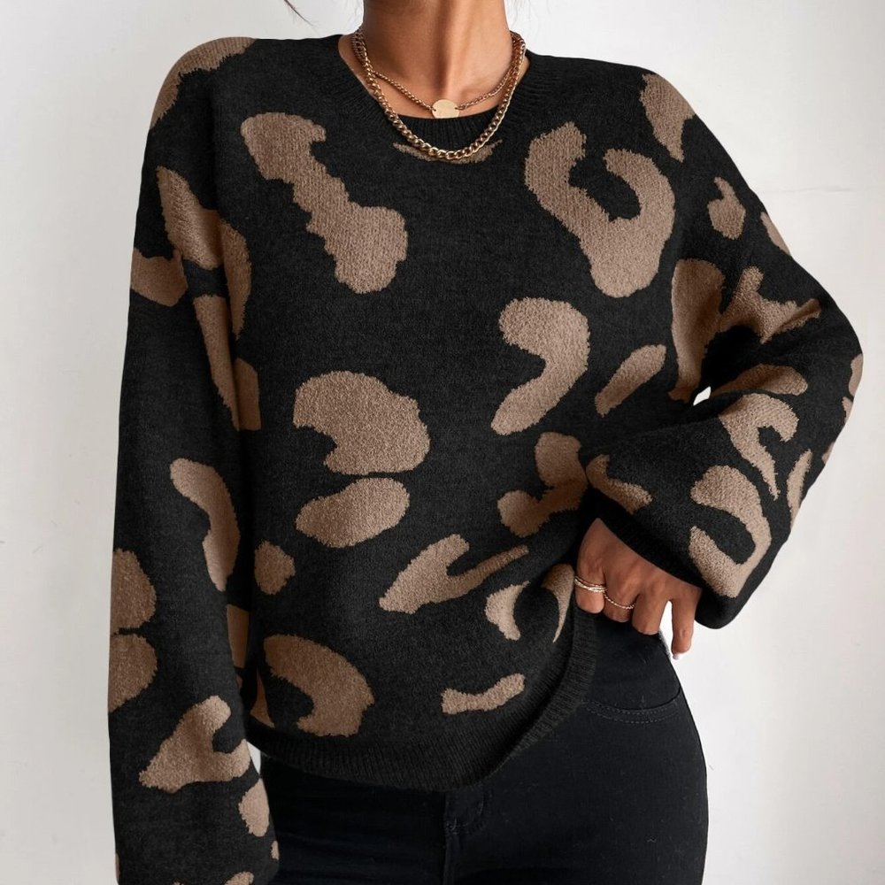 Black Preppy Womens leopard Print Sweater - Picture 5 of 5